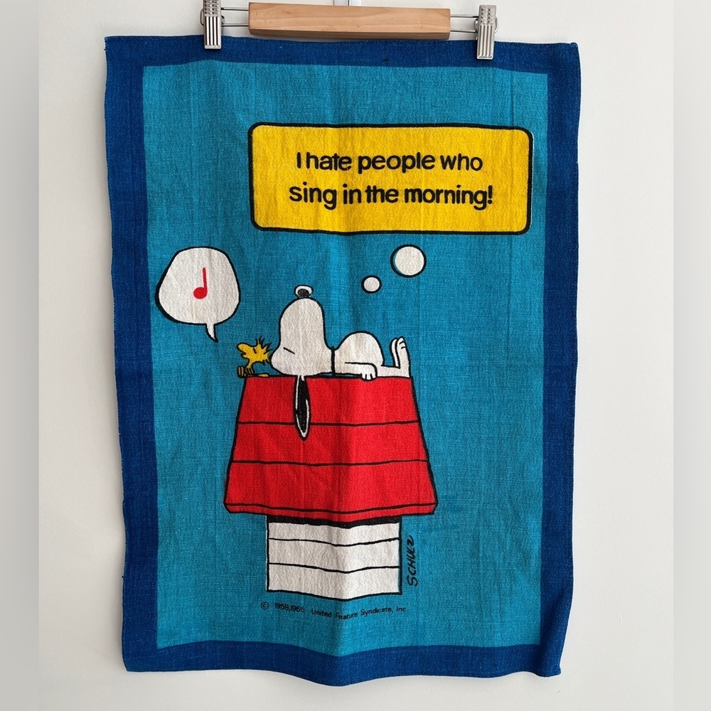 VINTAGE Snoopy Woodstock Tea Towel "I Hate People Who Sing In the Morning!"